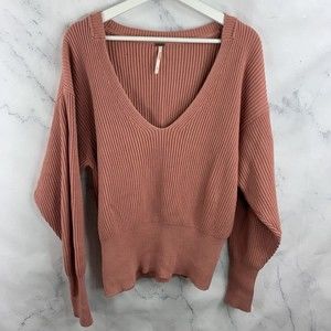 Free People Allure Pullover Knit Ribbed Pink Sweater Plunge V Neck Loose Sz S